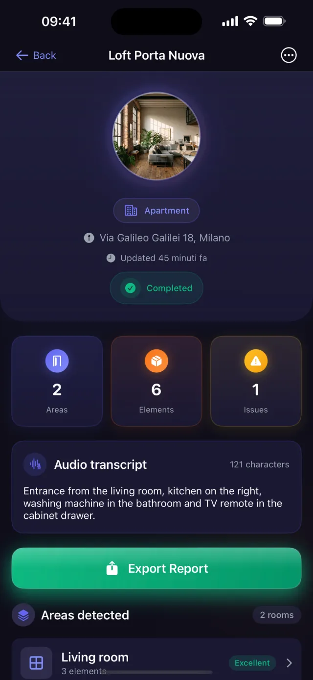Room-by-room reports in minutes, Areas, elements and issues, detected automatically from the walkthrough.